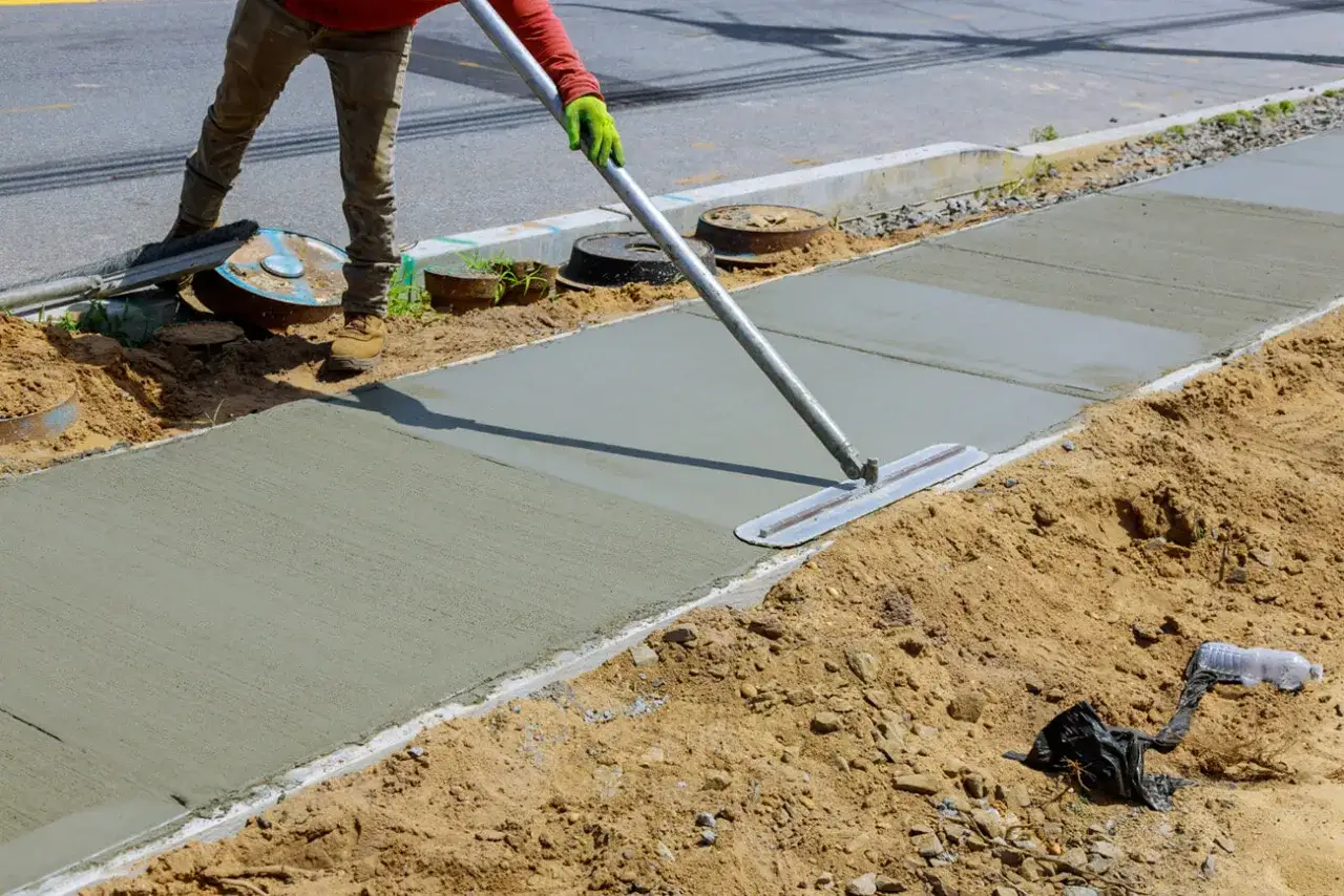 Pracownik wygładza świeży beton B25 na chodniku. Sprawdź aktualną beton b25 cena za m3.