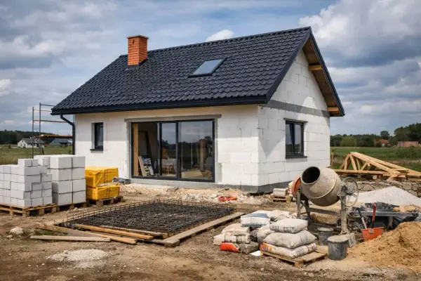 Budowa domu 80m2. Betonowa płyta zbrojeniowa, bloczki, cement i betoniarka czekają na dalsze prace.