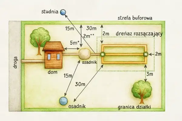 Schemat działki z domem, studnią i osadnikami. Widać drenaż rozsączający, który jest częścią systemu odprowadzania ścieków.