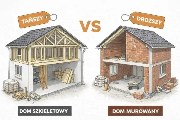 Porównanie: tańszy dom szkieletowy vs. droższy dom murowany. Widok przekroju obu budynków, ukazujący konstrukcję i materiały.