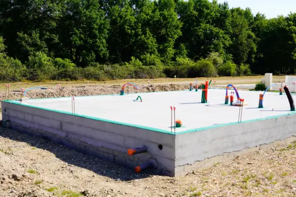 Nowa płyta fundamentowa z wystającymi rurami i instalacjami, gotowa na dalsze prace budowlane.