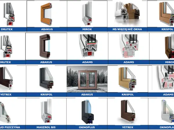 Przekroje okien aluminiowe czy pcv różnych producentów: Drutex, Abakus, Mirox, Krispol, Adams, Vetrex.