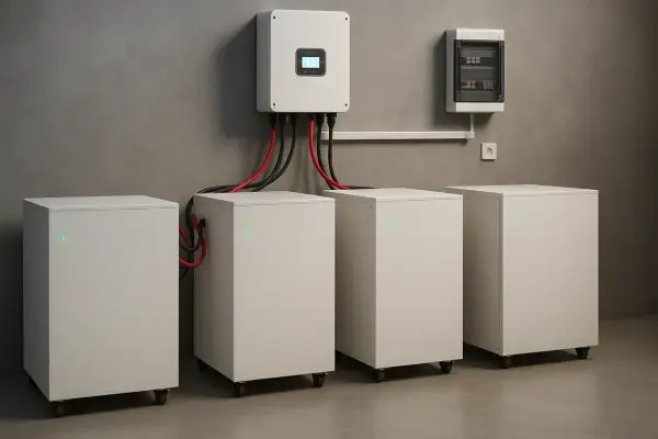 Nowoczesny magazyn prądu z bateriami i falownikiem, gotowy do gromadzenia energii.