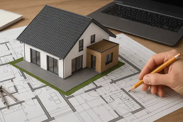Model domu na planach architektonicznych, ręka z ołówkiem. Rozpocznij swoje projektowanie domu online za darmo.