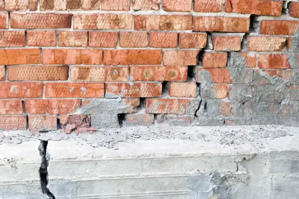 Uszkodzona ceglana ściana z pękniętym betonowym fundamentem.