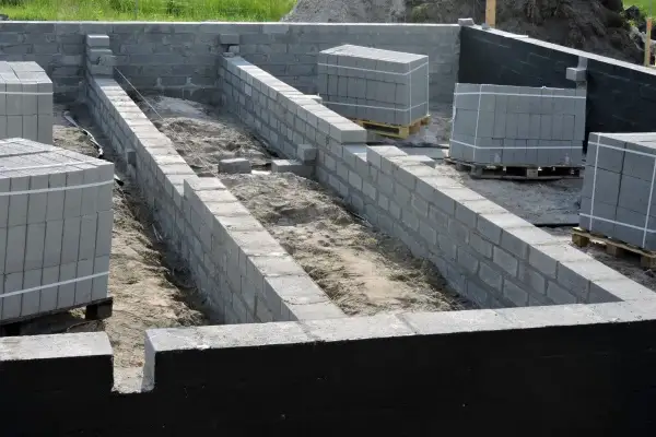 Budowa fundamentów z bloczków betonowych, widoczna izolacja pozioma fundamentów. Materiały budowlane czekają na użycie.