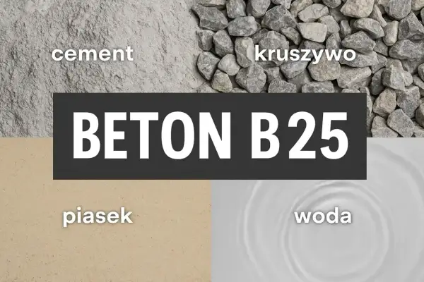 Składniki betonu B25: cement, kruszywo, piasek, woda. Kluczowe proporcje dla wytrzymałości.