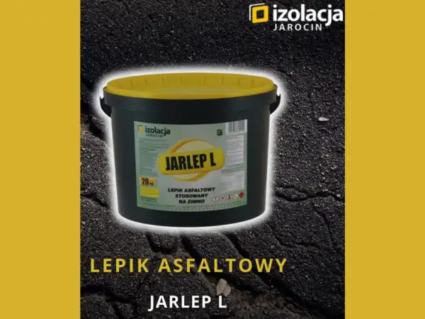 Czarny pojemnik z żółtą pokrywą, zawierający lepik asfaltowy JARLEP L.