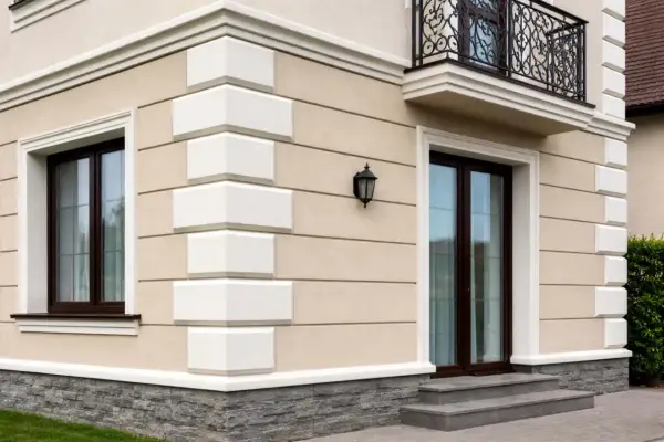 Elegancka fasada domu z kamiennym cokołem i białymi boniami. Okna i drzwi w ciemnej oprawie.
