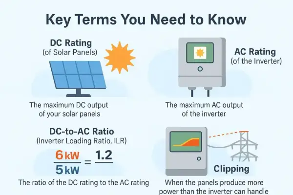 Falownik co to jest? Wykres wyjaśnia kluczowe terminy: DC Rating paneli, AC Rating falownika, stosunek DC/AC i clipping.