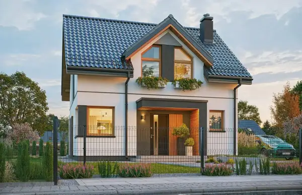 Nowoczesny dom do 70m2 z dużymi oknami i zadaszonym wejściem. Elegancka bryła, zadbany ogród i zielony samochód na podjeździe.