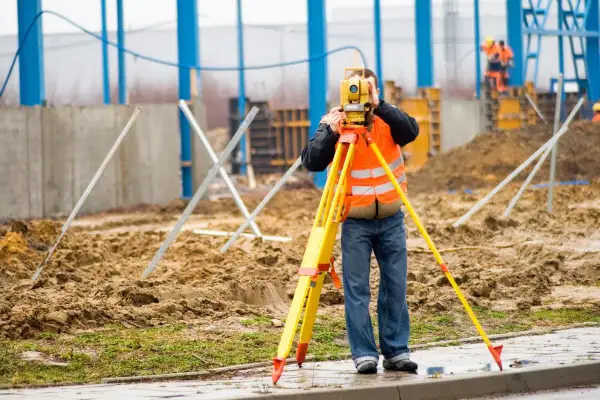 Na budowie technik geodeta w kamizelce odblaskowej mierzy teren za pomocą niwelatora.