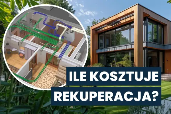 Nowoczesny dom z systemem wentylacji mechanicznej z odzyskiem ciepła. Wewnątrz widoczny schemat instalacji.