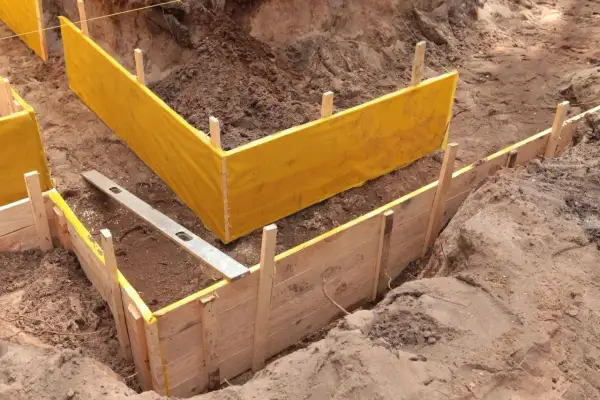 Wykonano wykopy pod fundamenty. Widać drewniane szalunki i żółtą folię zabezpieczającą.