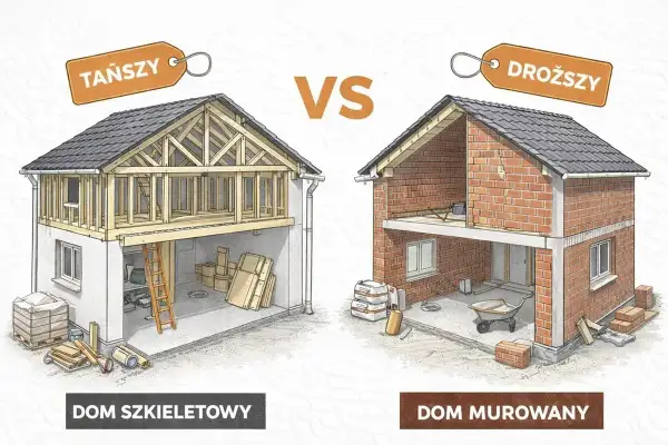 Porównanie budowy domu szkieletowego (tańszy) z murowanym (droższy). Widoczne etapy konstrukcji i materiały.