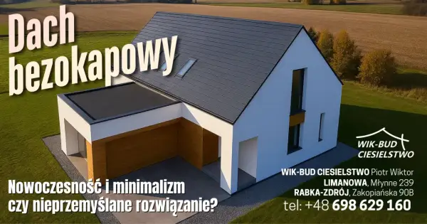 Nowoczesny dom z dachem bezokapowym, otoczony zielenią.